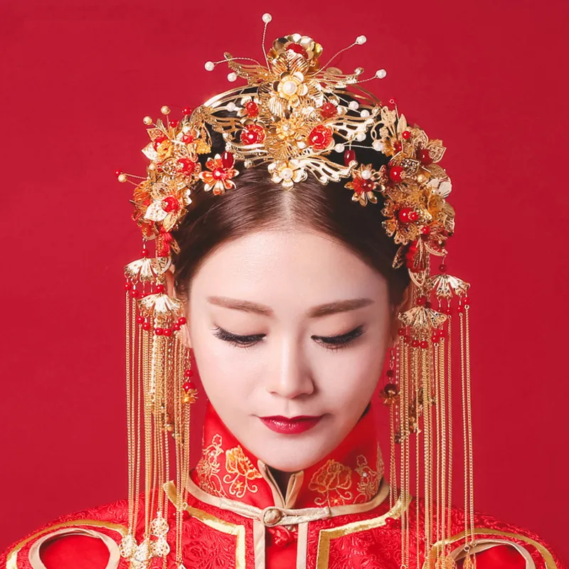 Chiński styl panny młodej starożytny kostium phoenix koronet czerwone ozdoby nakrycia głowy pobieraj pełną sukienkę Cheongsam Dekorat 348B