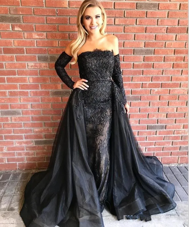 Newest Arabic Dubai Black Long Mermaid Prom Dresses Lace Strapless Detachable Train Prom Gowns Formal Special Occasion Party Dresses