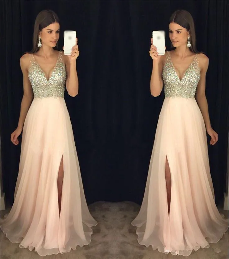 2018 Newest Hot Bling Evening Dresses Wear V Neck Beading Crystal A Line Sleeveless Side Split Long Cheap Homecoing Party Dress Prom Gowns