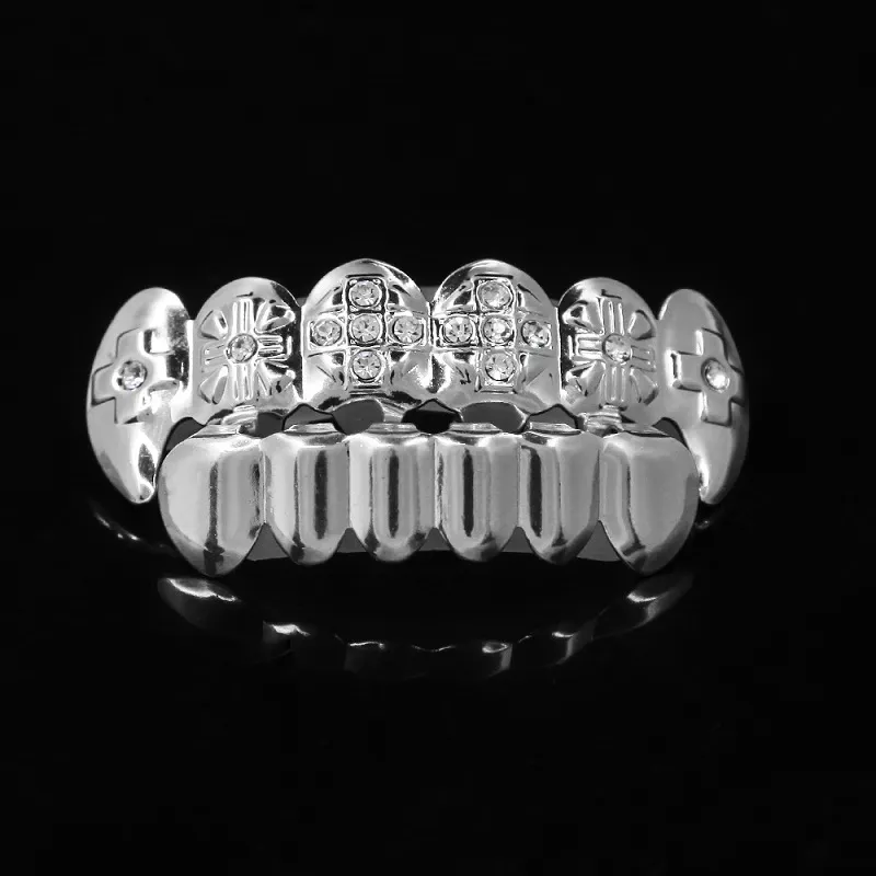 Grillz de dents en or 24 carats avec strass, ensemble de grilles brillantes, dents glacées, bijoux Hip Hop 216G