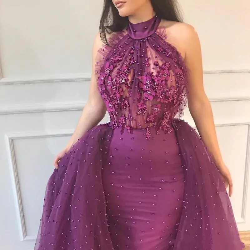 Dark Purple Halter Neckline Mermaid Prom Dresses Long Beads Overskirts Evening Gowns Pleats Sexy Backless Party Cocktail Dress