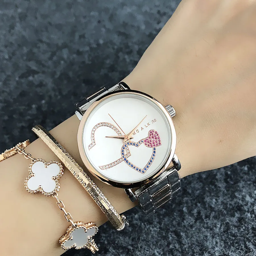 M ontwerp Merk Quartz polshorloges voor dames Meisje Kleurrijk kristal Liefde hartvorm stijl Metalen stalen band M55253W