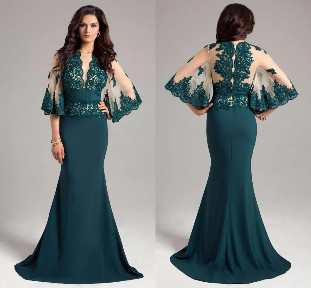 Arabic Dubai Dark Green Mermaid Evening Dresses Lace Applique Jewel Neck 1/2 Sleeves Floor Length Formal Lace Prom Dresses yousef aljasmi