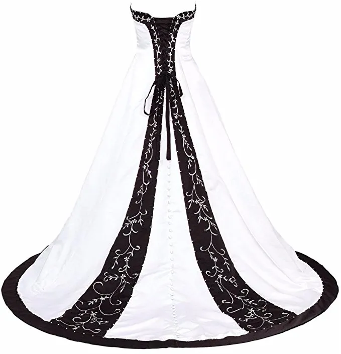 Classic Black And White Wedding Dress Embroidery Princess Satin A line Lace up Back Court Train Sequins Beaded Long Cheap Wedding Gowns