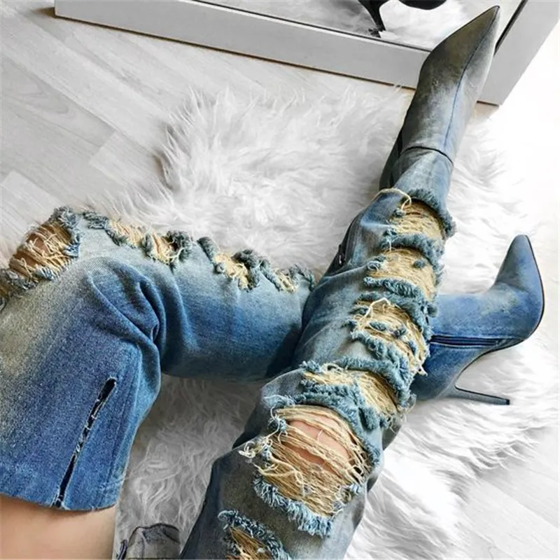 Design pointu sexy nouvelle femme orteil de denim bleu sur le genou coupé mince mince bottes à talon haut talon chaussures robes 5