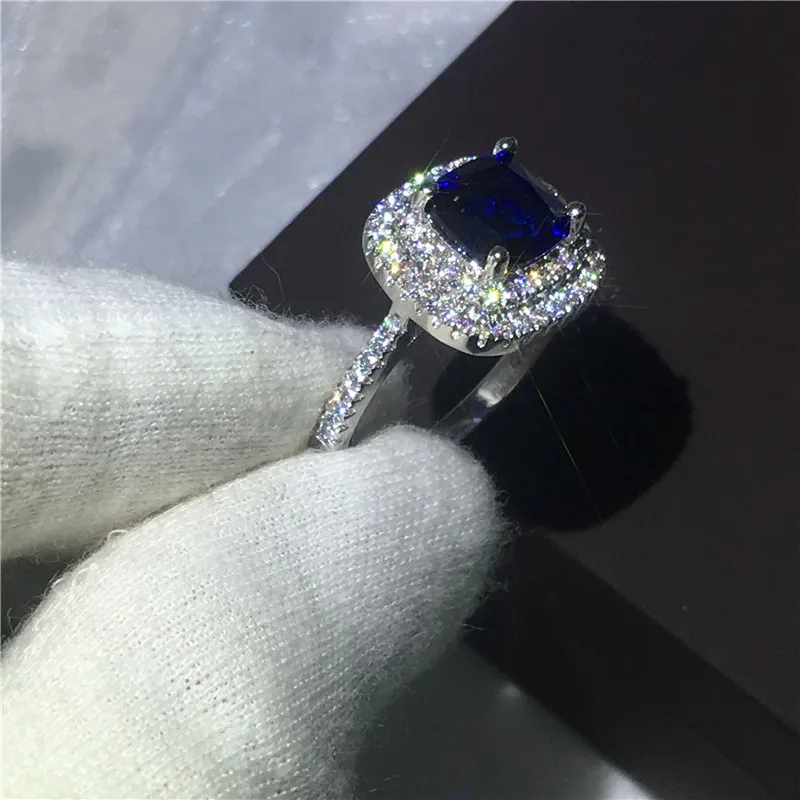 Damenmode Kissenschliff 3ct Blau 5A Zirkon Kristall 925 Sterling Silber Verlobung Ehering für Frauen Bijoux280H