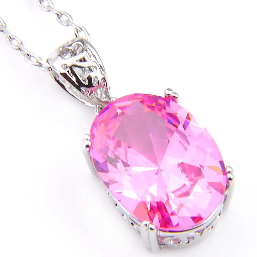 10 pezzi Luckyshine regalo di festa ovale rosa Kunzite cubic zirconia pietra preziosa pendenti in argento collane festa di nozze con catena251M