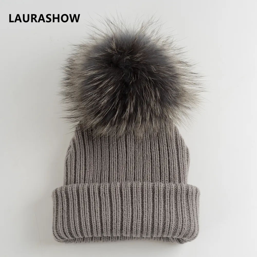 LAURASHOW Bambini Pelliccia invernale Pompon Berretto con cappuccio in pelliccia Ragazzi Ragazze Beanie Pelliccia lavorato a maglia Cappello di lana bambini D18110601248O