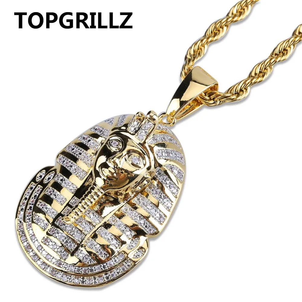 TOPGRILLZ Hip Hop Jewelry Iced Out Gold Color Plated Micro Pave CZ Stone Egyptian Pharaoh Pendant Necklace Three Chain 24 In252i