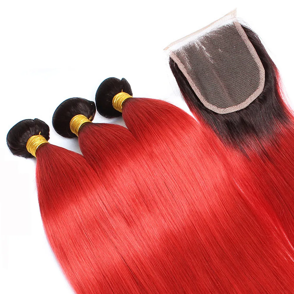 T1B Red Dark Root Ombre Peruvian Human Hair Weaves 3 Bundles with Closure Straight Ombre Red Bundle Deals with Lace Front Closure 4x4