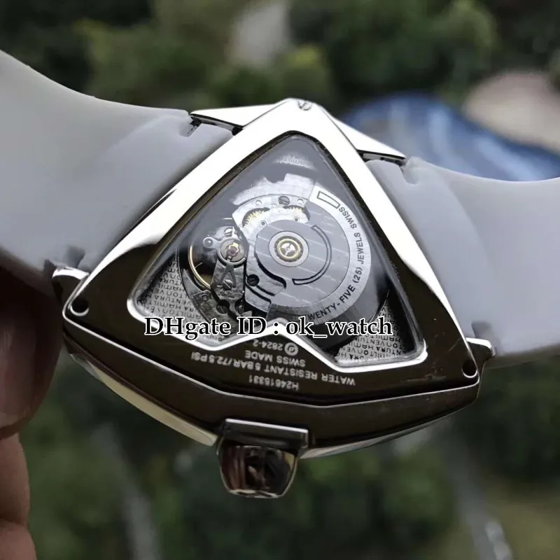 Nowy Ventura 2824 Automatyczne męskie zegarek Silver Case Triangular Black Dial H24655331 XXL Guma Zegarstka Gents Sport Watche247V