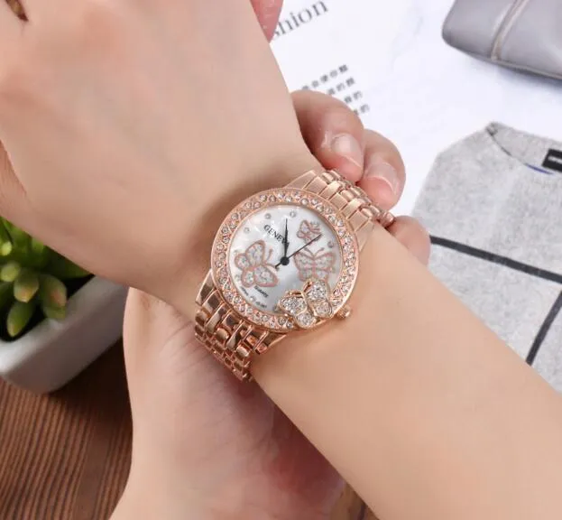 2018 hot sales Gold silvery Rose Gold Luxurious crystal Butterfly steel strip Wrist Watch High-grade fashion woman quartz Wrist watch