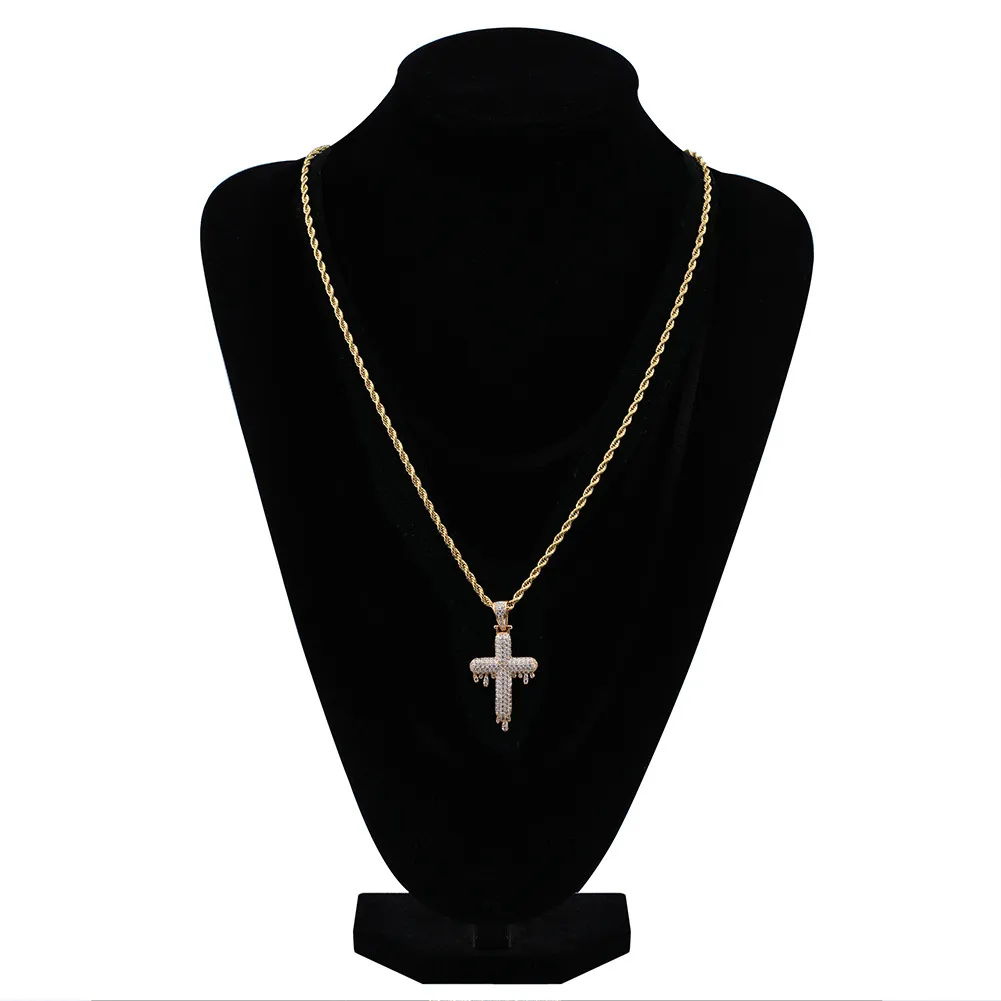 Iced Out Drop Cross Pendant Necklace Micro Pave Zircon Brass Gold Silver Color Plated Hip Hop Mens Jewelry271C