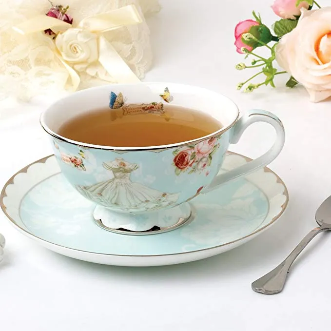 Teetasse, Untertasse und Löffel-Set, Vintage-Teetassen aus Knochenporzellan, Rosenblüten-Blau, Boxset 7-Oz263N