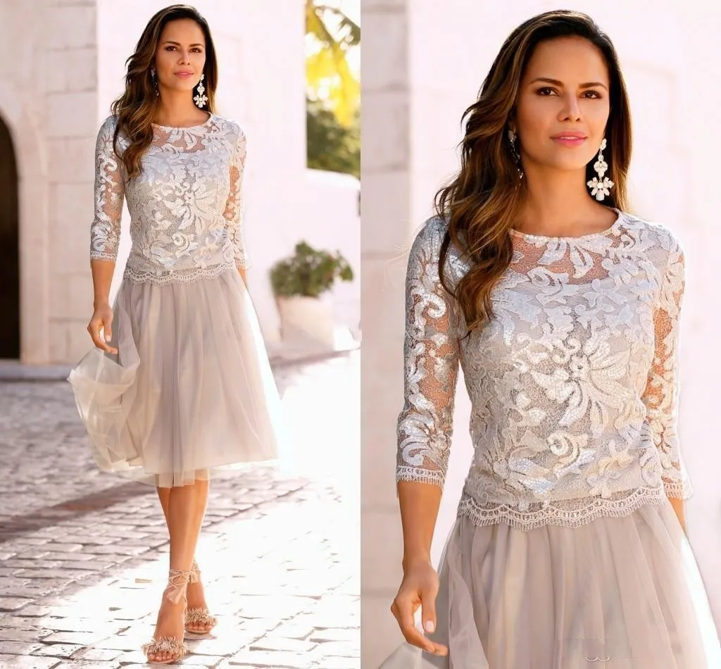 New Lace Short Mother of Bride Dresses Silver 3/4 Sleeves Jewel Neck Tiered Tulle Prom Dress Wedding Party