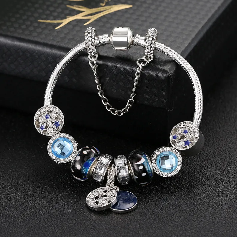 Nouveaux bracelets de charme Bleu Ciel Perles Brin Bracelet 925 Chaîne de serpent en argent rétro national vent étoile perles de glaçage lune bijoux à bricoler soi-même Ac283e