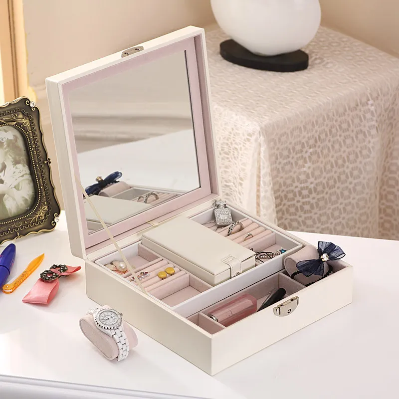 Jewelry Box Girls Wood Jewelry Organizer Mirrored Travel Case With Adjustable Compartment Lockable287N