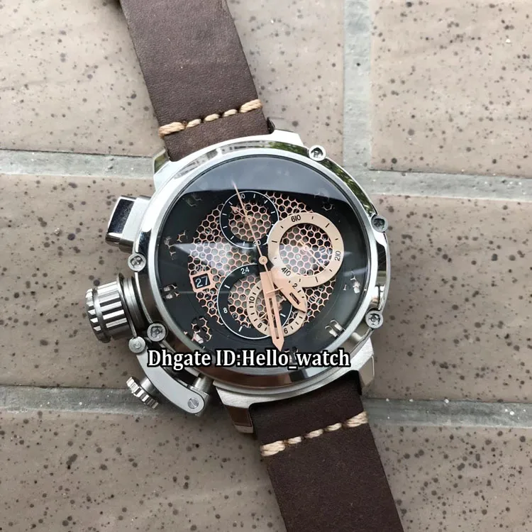 Vänsterhänt 50mm U-51 U51 Chimera Bronze 7474 Skeleton Black Dial Quartz Chronograph Mens Watch Stopwatch Black Bezel Leather Stra246u