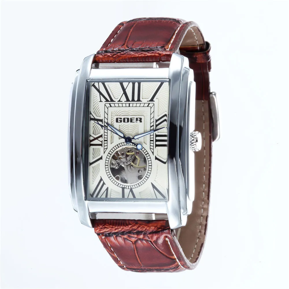 GOER Relogio Masculino Top marque de luxe squelette montres hommes bracelet en cuir Rectangle automatique mécanique montres pour hommes D18238w