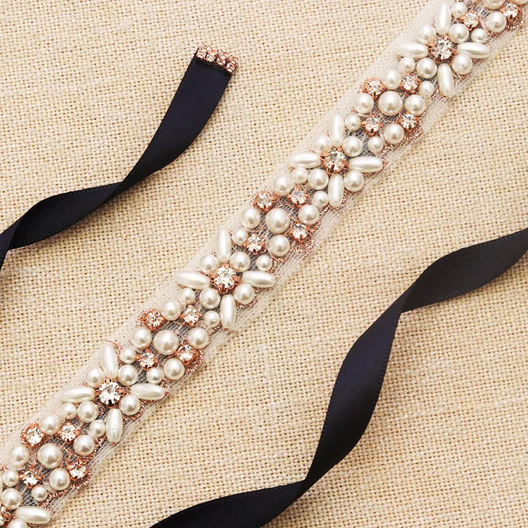 Szarowie ślubne Pasek ślubny 2019 Rose Gold Rhinestone Pearls Akcesoria Pas 100% ręcznie wykonany 8 kolorów Białe kość słoniowa Blush Sash305f