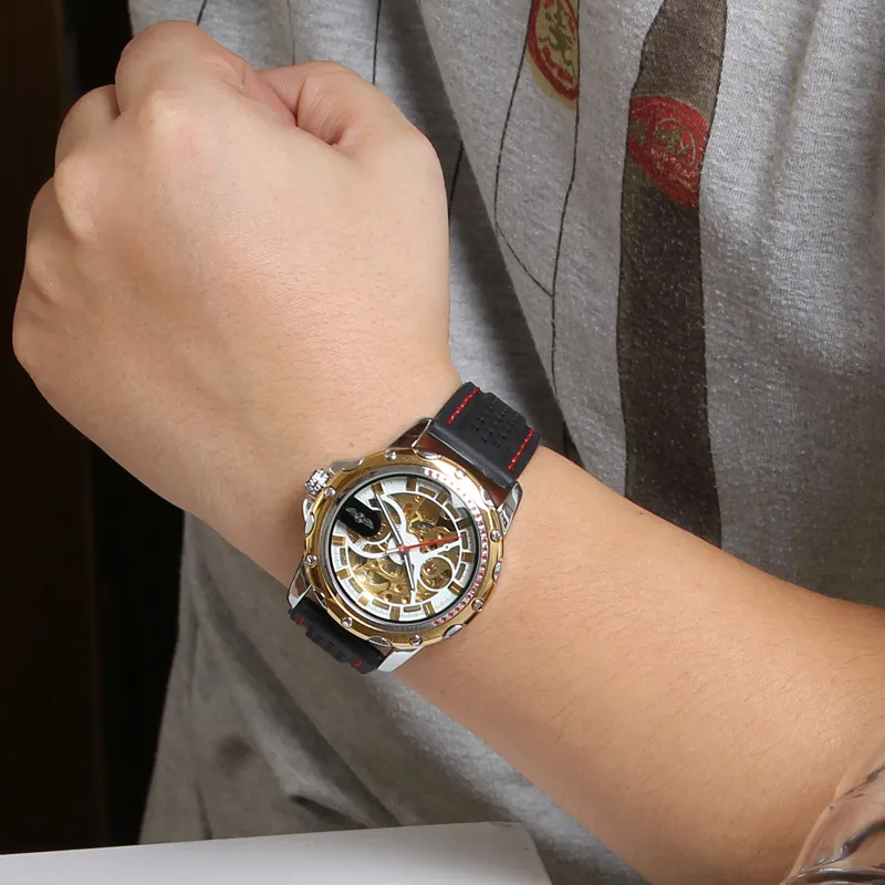 NEW WINNER Fashion Men's Silicone sports Watch Skeleton Hand-Winding Mechanical Wristwatch military clock Erkek Kol Saati270A