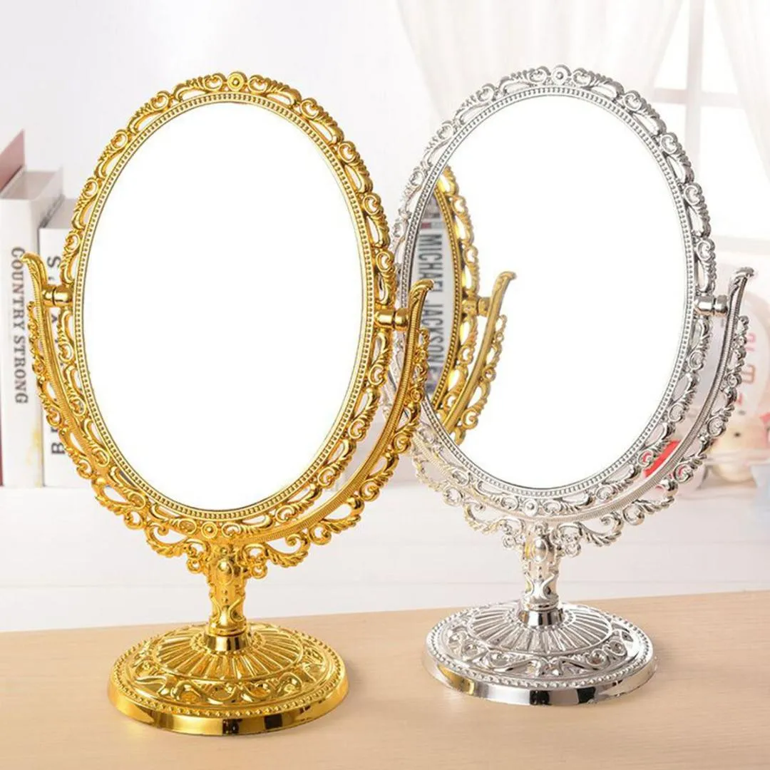 Doble Cara de Espejo de Maquillaje Comestic Oval Soporte Giratorio Espejos de Mesa de Plástico Damas Mujeres Boda Retro Espejos de Vanidad 29 CM
