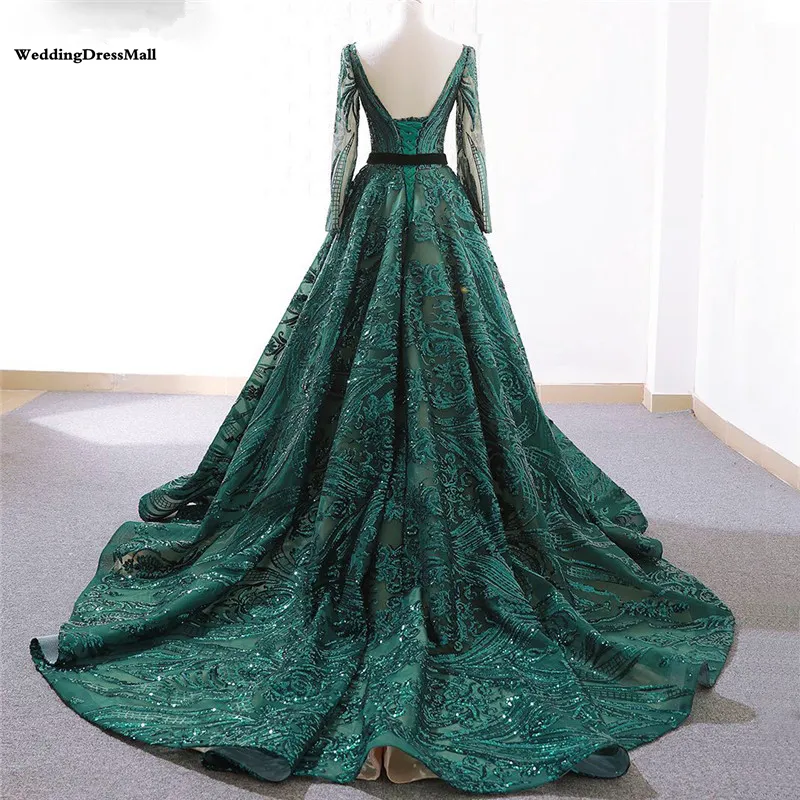두바이 새로운 녹색 빈티지 긴 슬리브 이브닝 드레스 2021 A- 라인 스팽글 고급 스파클 이브닝 가운 진짜 po284f