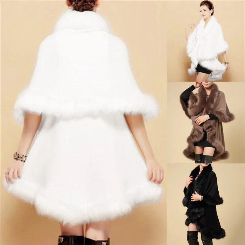 Winter Womens Leather Grass Fox Fur Collar Poncho Cape Bridal Wedding Dress Shawl Cape Lady Wool Vest Fur Coat C18111501