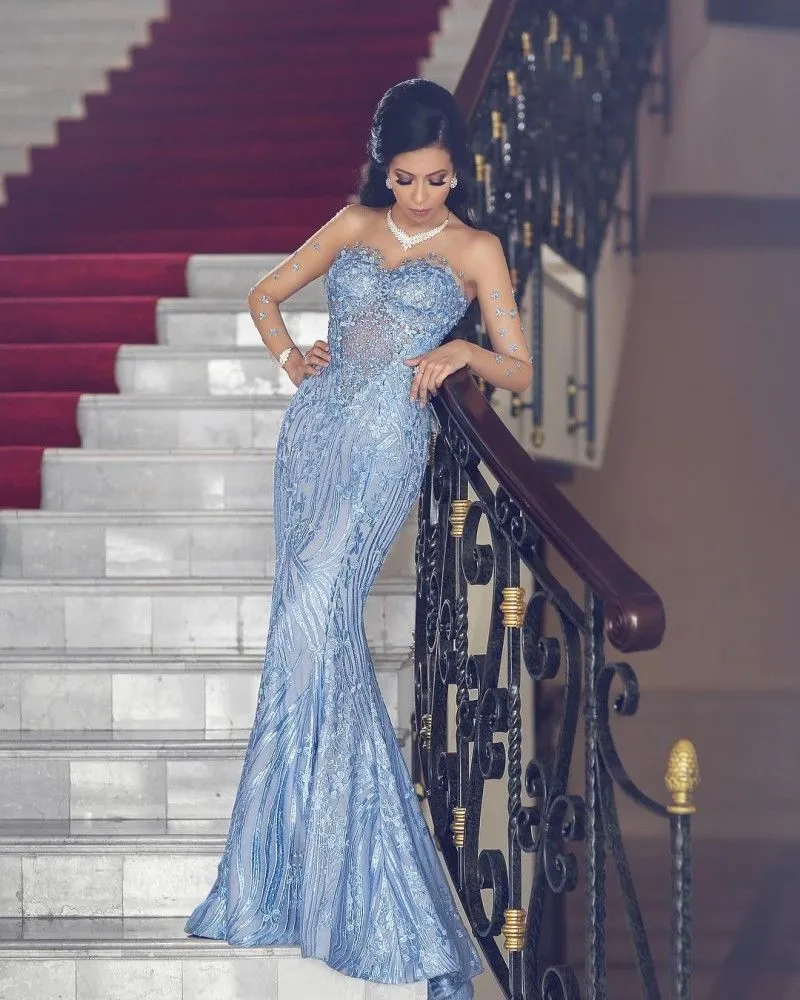 yousef aljasmi arabic mermaid prom dresses with detachable train sheer long sleeve dress evening wear lace appliqued formal party dress