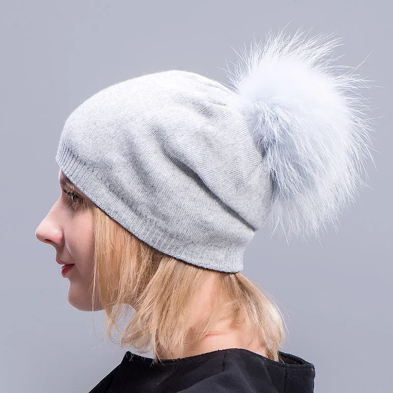 Cashmere Hats For Women Pompom Beanies Fur Hat Female Warm Caps With Real Raccoon Fur Pompom Bobble Hat Adult315O