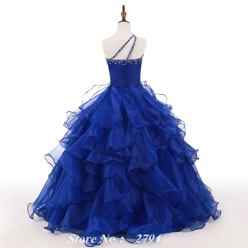 2021 Royal Girls Pageant Dresses One Shoulder Ruffles Puffy Ball Gown Crystal Beading Formal Kids Prom Dresses Flower Girls Dresse240y