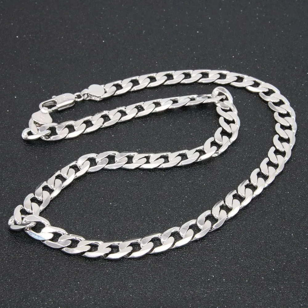 10mm Wide Solid Curb Chain 18K White Gold Filled Classic Style Polished Mens Necklace Jewelry 24 Inches169u