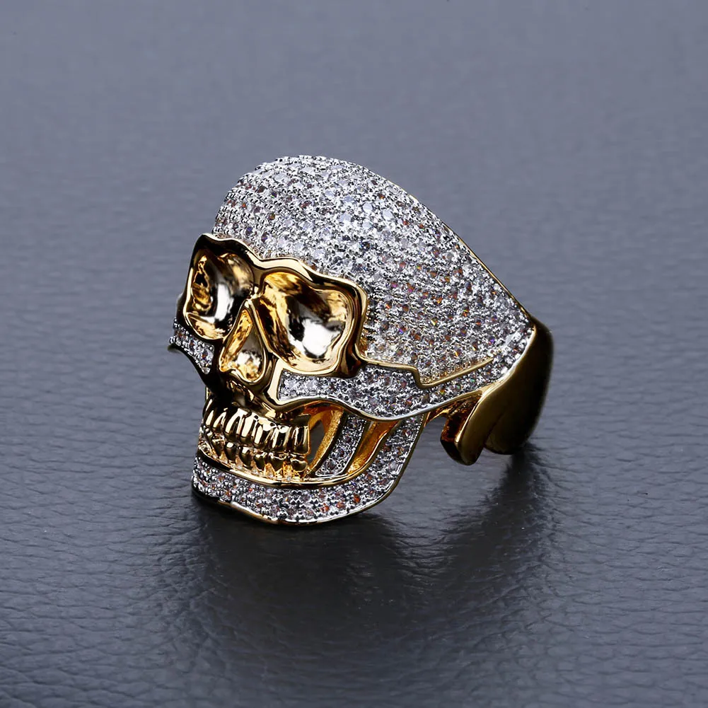 Hip Hop Copper Two Tone Skull Ring Iced Out Micro Paved Cubic Zircon Punk Fahion Ring for Men Women2622