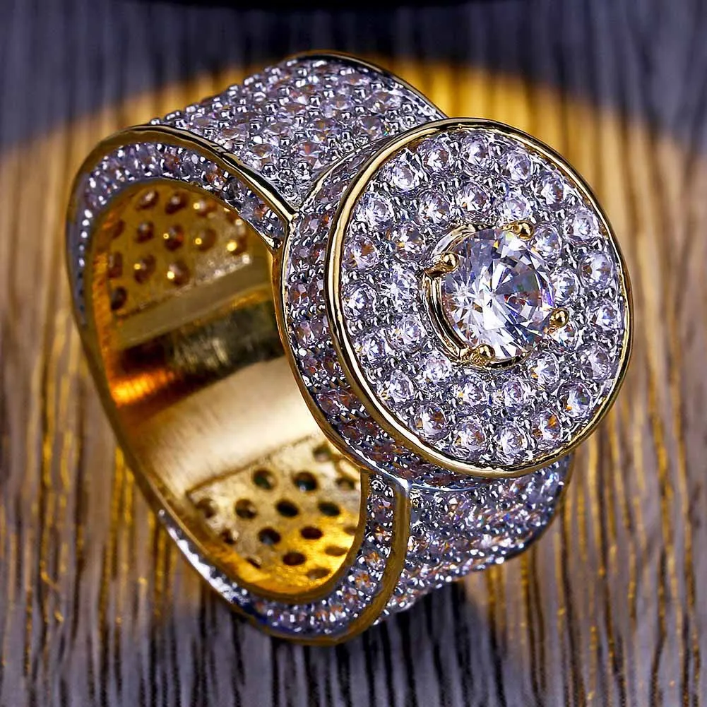 18K Cluster Gold Planted Cut CZ Crystal Hip Hop Iced Out Rings for Men Women Bling Bling Ring3493