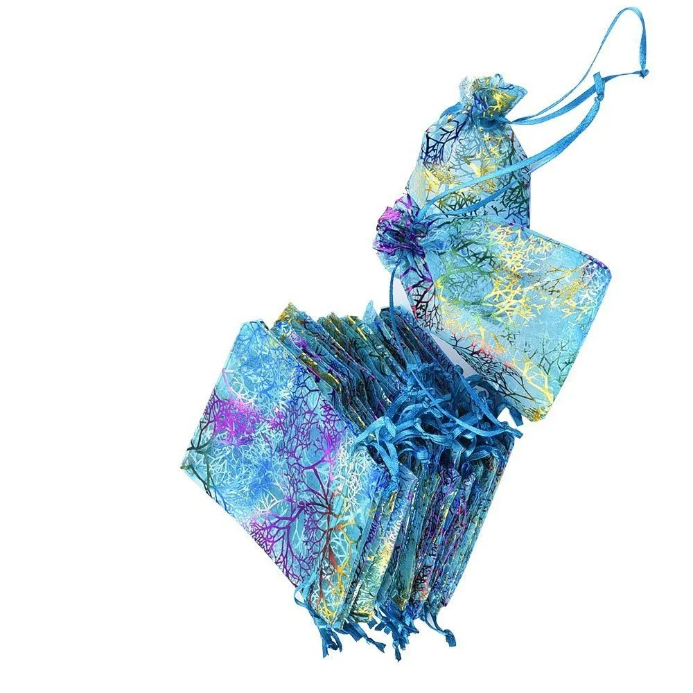100 шт./лот, синие коралловые сумки из органзы на шнурке, 4 размера, упаковочные пакеты для свадебных украшений, красивые подарочные пакеты FACTORY292i