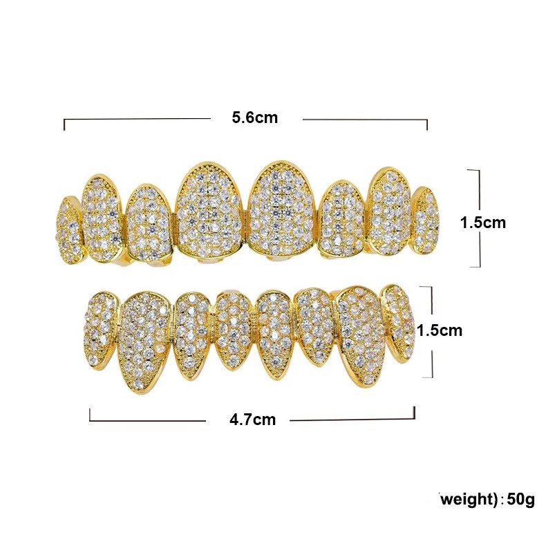 Hiphop Rock Gold Rosegold White Zircon dents Grillz New Arrivent Copper Upper Bottom Grillz pour mâle Femme294F