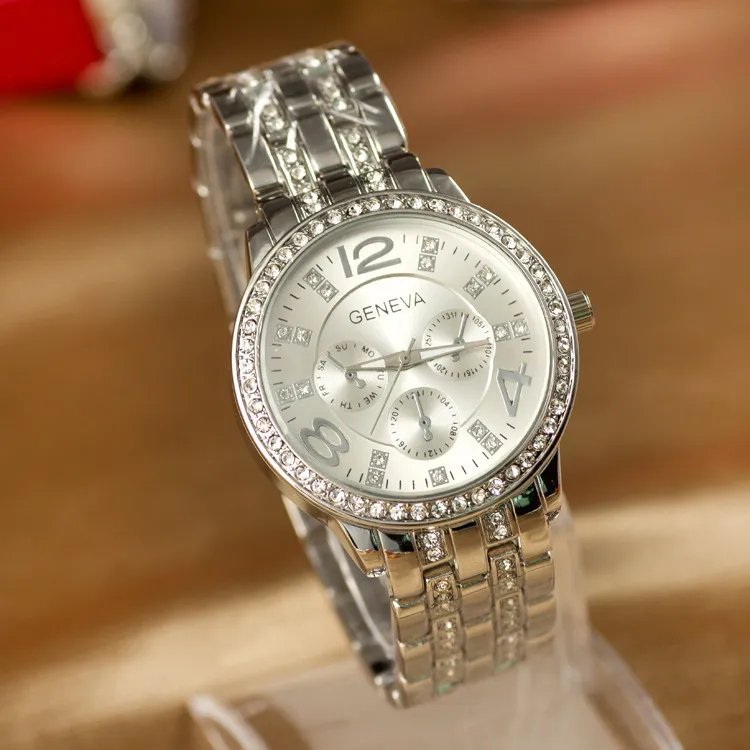 ファッションジュネーブウォッチフルスチール時計女性贅沢な女性ステンレスラインストーンレディースカジュアルアナログクォーツ腕時計313n
