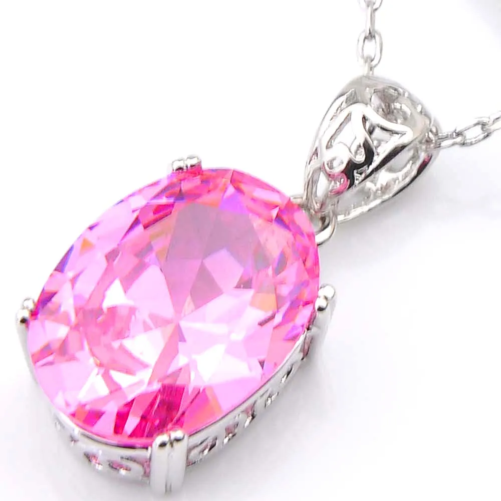 10 Stück Luckyshine Urlaubsgeschenk ovale rosa Kunzit-Zirkonia-Edelstein-Silber-Anhänger-Halsketten für Hochzeitsfeier mit Kette 251 m