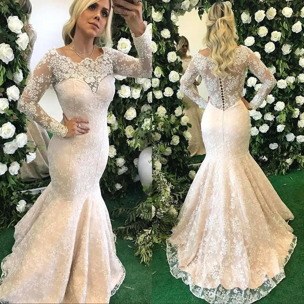 Sexy Full Lace Mermaid Wedding Dresses Scoop Neck Long Sleeves See Through Court Train Wedding Bridal Gowns Illusion Button Back