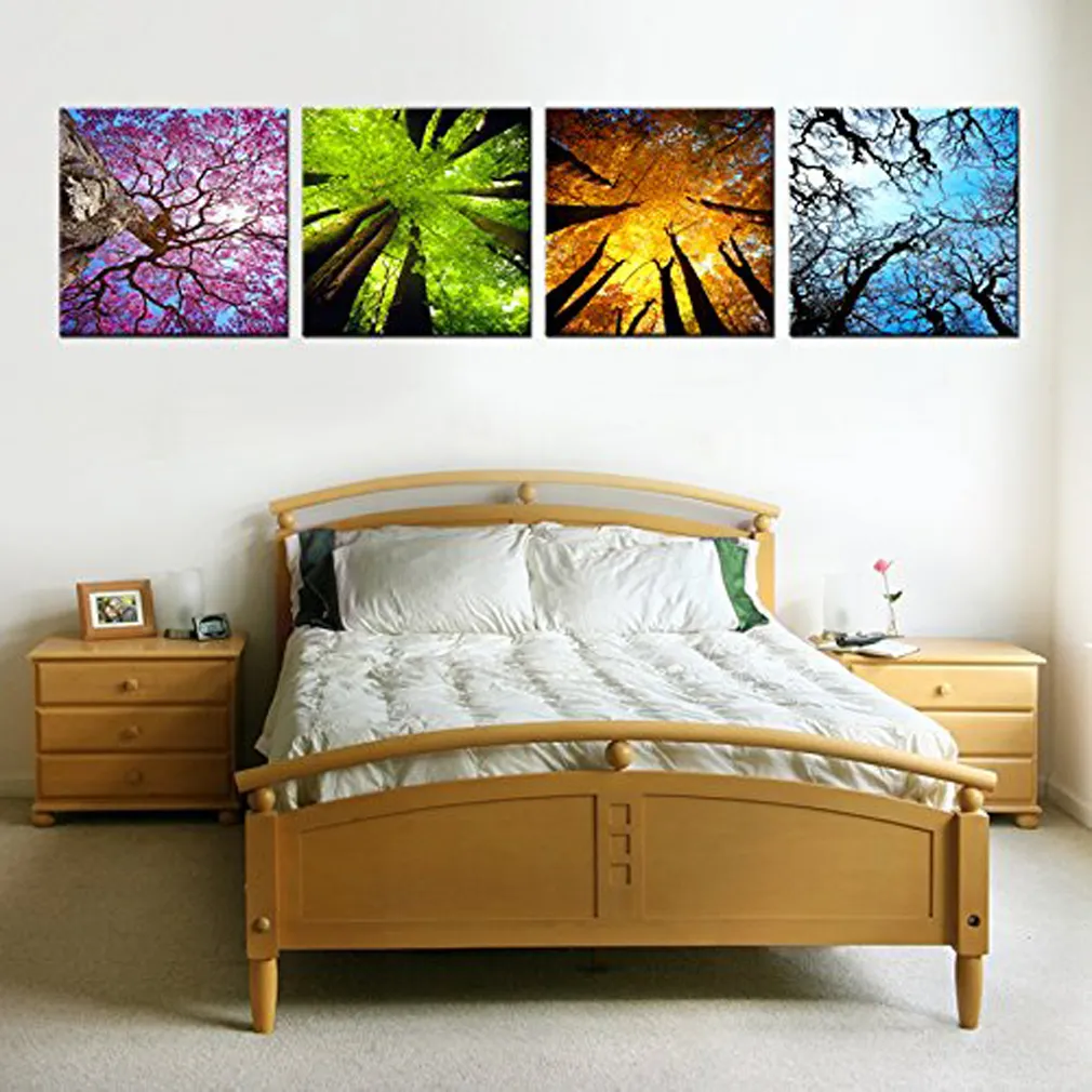 4 개 패널 사계절 트리 캔버스는 나무 액자 풍경이 캔버스에 인쇄 회화 있자 홈 장식 준비를 위해 벽 예술 회화