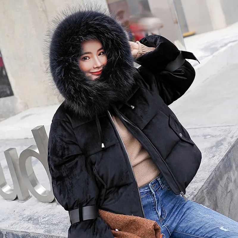 Ly Varey Lin Women Winter Cotton Padded Jacket Coats Warm Thickened Short Velvet Parka Female Hooded Fur Collar Casual Outerwear S18101504
