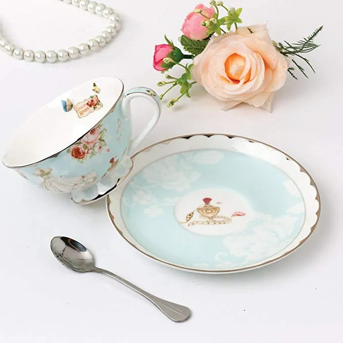 Conjuntos de xícara de chá, pires e colher, xícaras de chá vintage royal bone china, flor rosa, caixa azul, 7-oz245p