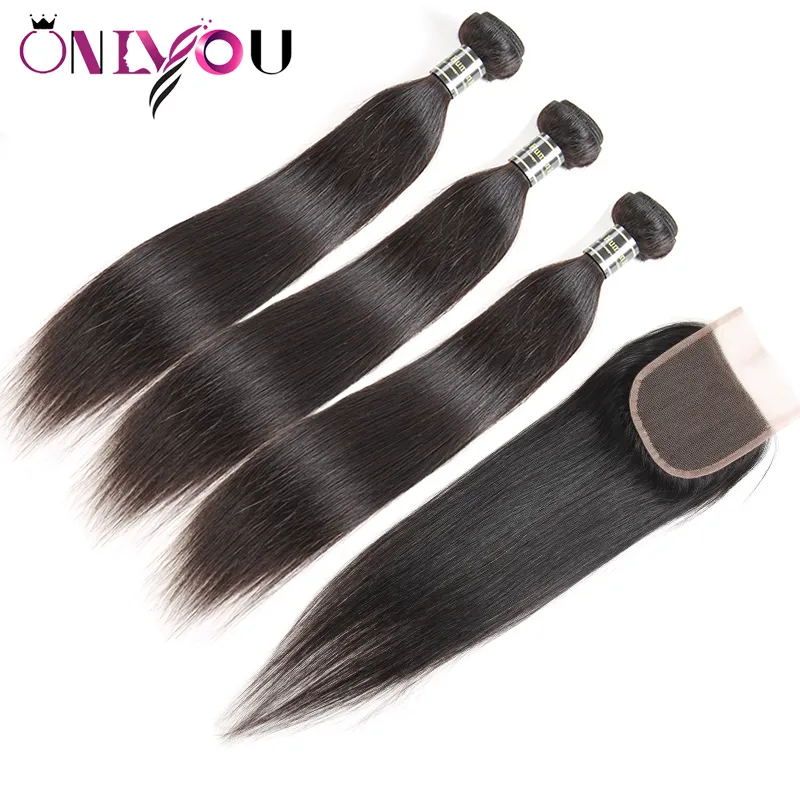 10A Nature Color Brazilian Straight Virgin Human Hair Bundles with Closure Unprocessed Hair Extensions Straight 3 Bundles with Lace Frontal