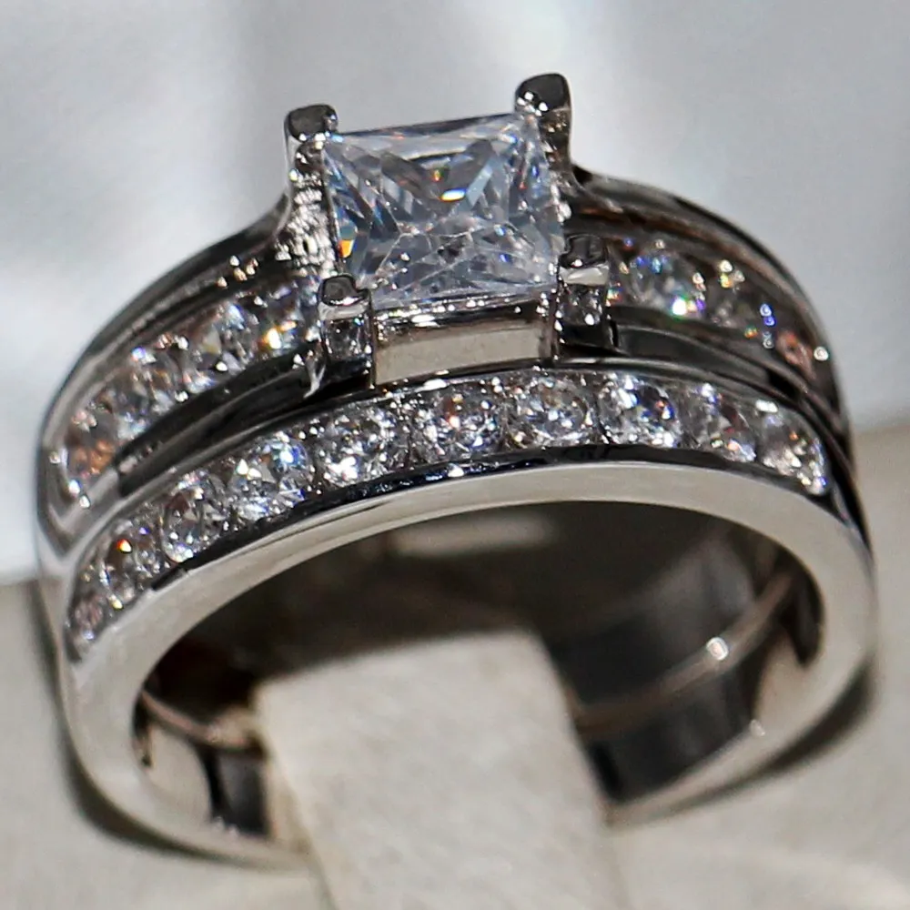 Tamaño de EE. UU. 5 6 7 8 9 10 Joyería 925 Plata de ley llena de topacio blanco CZ Diamante Corte princesa Mujer boda Anillo nupcial Conjunto para love2961