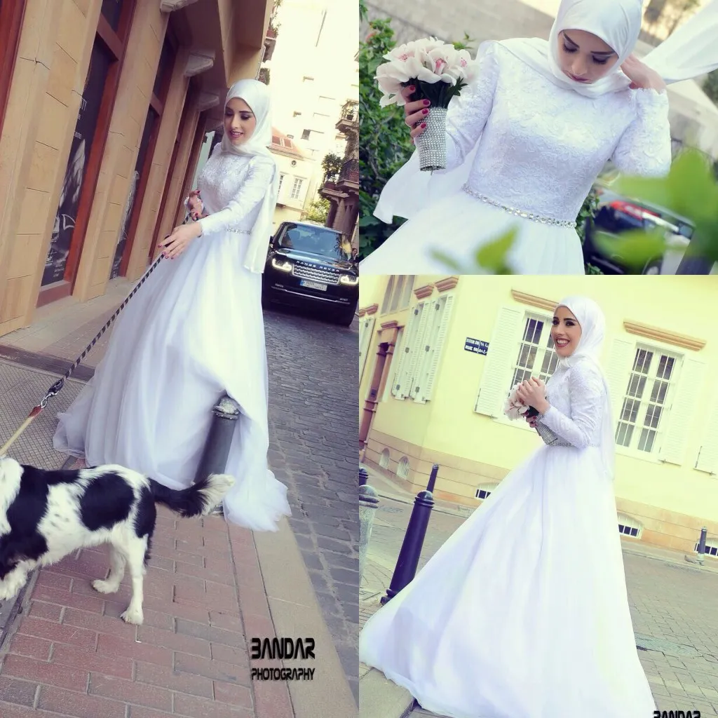 New Arrival Fashion Muslim Lace Wedding Dresses High Neck Applique Beaded Long Sleeves Sweep Train Bridal Gowns Wedding Dress