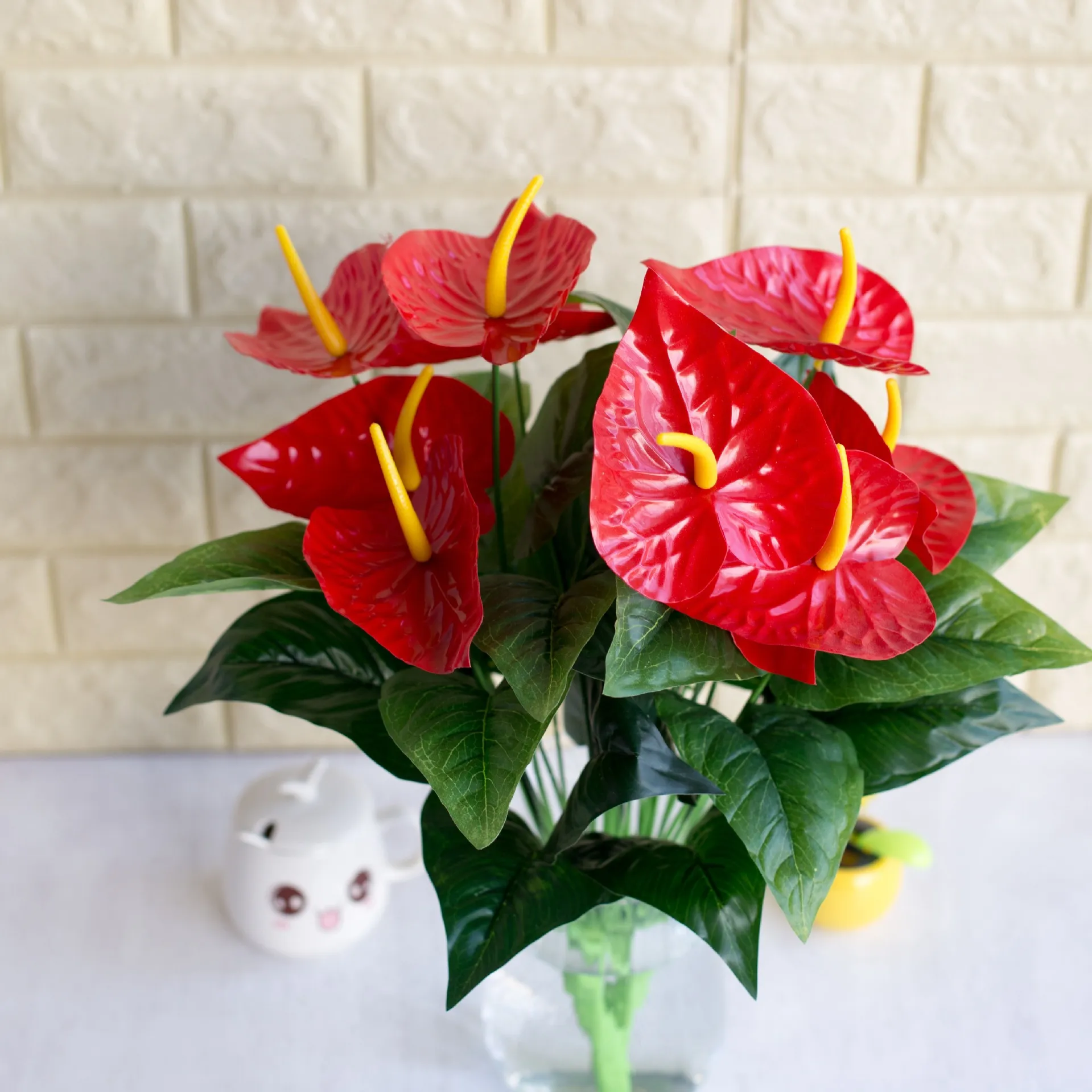 1 bouquet entier de 18 têtes de fleurs d'anthurium artificielles, plante en pot, fleur en soie, décoration de la maison, Shippin3956543