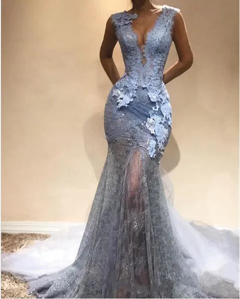 silver grey lace mermaid prom dresses sexy deep v neck lace appliqued evening dress illusion party gowns