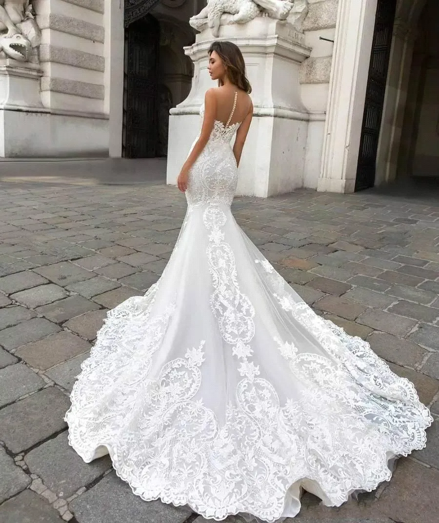 2022 Gorgeous High Neck Mermaid Wedding Dresses With Tulle Wraps Lace Appliques Long Bridal Gowns Court Train Button Back BA9313 w59