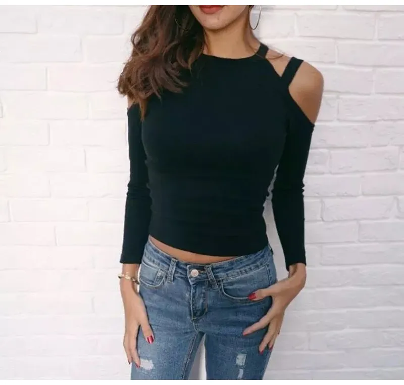 Kobiety Sexy Dzianiny Bawełna Z Długim Rękawem Slim Fit Casual Top T-shirt Off Ramię Black T Shirt 2018 Moda O-Neck Koszulki