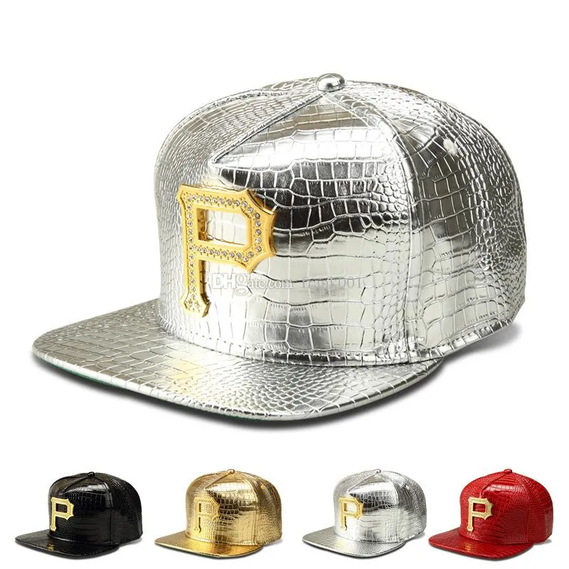 New style P Logo Golden PU Leather snapback baseball caps Diamond Crocodile Grain men women DJ Rap Sports hip hop hats3976585